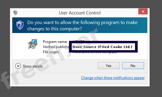 Screenshot where Dove Source (Fried Cooke Ltd.) appears as the verified publisher in the UAC dialog